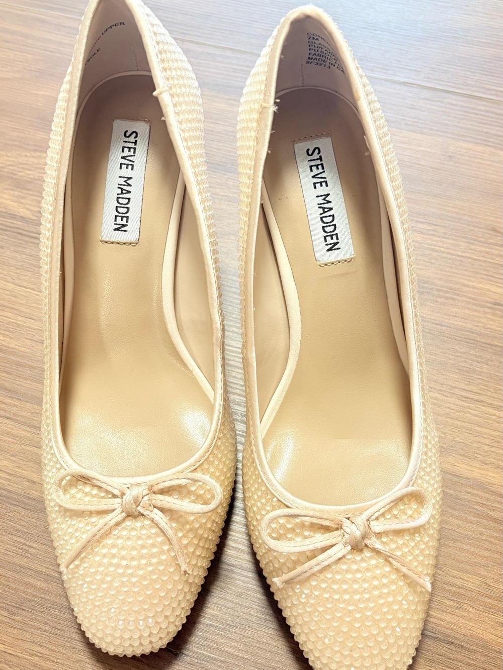 Steve Madden Cohen-R Nude Glass Rhinestone Ballet Pumps Block Heel Bow Heels
